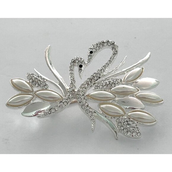 Anne Klein Silver Tone White Imitation Pearl Mother Daughter Swan Brooch Pin - Picture 1 of 5